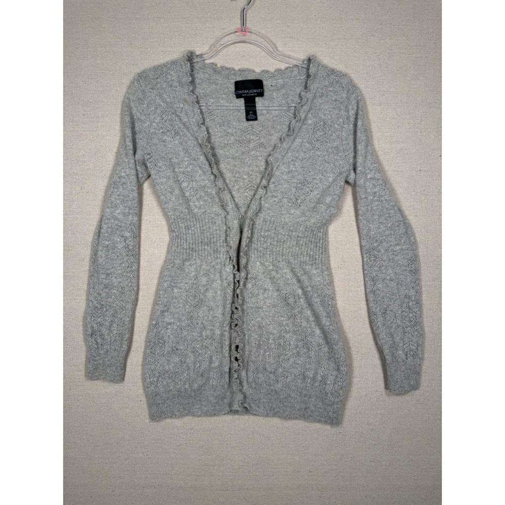 Cynthia Rowley Gray 100% Cashmere Ruffle Pointelle Cardigan Sweater XS